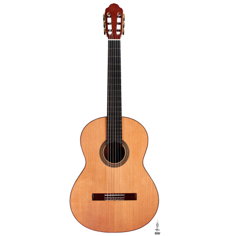 The front of a 2022 Francois Leonard classical guitar made of cedar and African rosewood