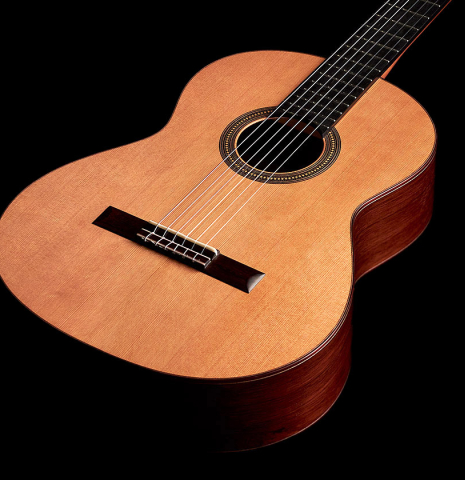 The front of a 2022 Francois Leonard classical guitar made of cedar and African rosewood
