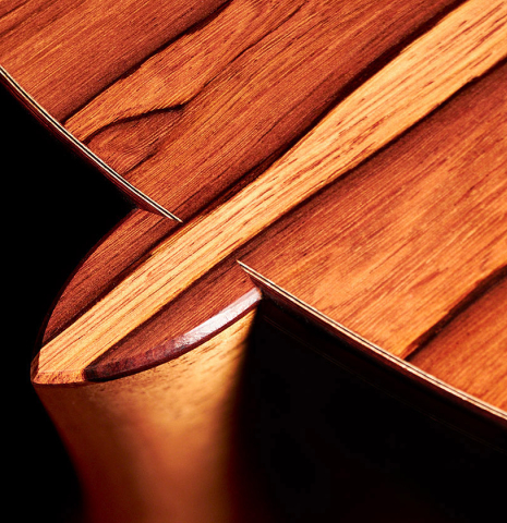 The back and heel of a 2022 Francois Leonard classical guitar made of cedar and African rosewood
