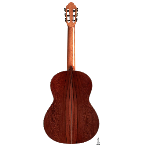 The back of a 2022 Francois Leonard classical guitar made of spruce and African rosewood