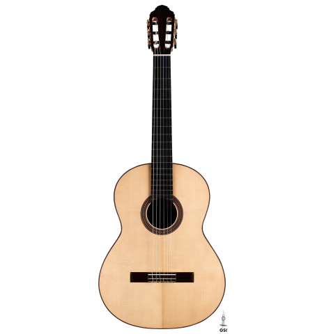 The front of a 2022 Francois Leonard classical guitar made of spruce and African rosewood