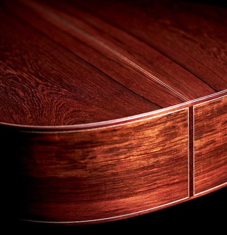 The lower bout of a 2022 Francois Leonard classical guitar made of spruce and African rosewood