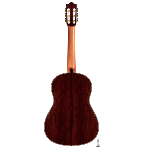 The bacl of a 2023 Valerio Licari classical guitar made with spruce and Indian rosewood on a white background