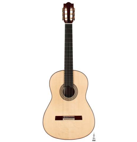 The front of a 2023 Valerio Licari classical guitar made with spruce and Indian rosewood on a white background