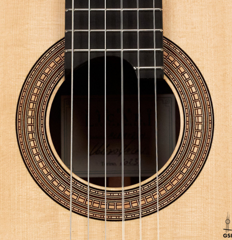 The rosette of a 2023 Valerio Licari classical guitar made with spruce and Indian rosewood