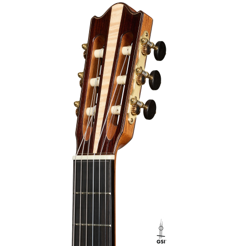 The headstock of a 2026 Valerio Licari "Lesna - REG Special Edition" classical guitar made of spruce and Indian rosewood