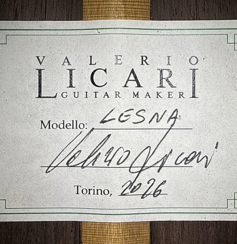 The label of a 2026 Valerio Licari "Lesna - REG Special Edition" classical guitar made of spruce and Indian rosewood