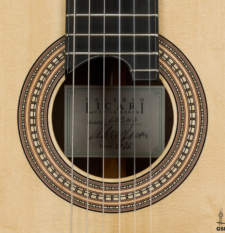 The rosette of a 2026 Valerio Licari "Lesna - REG Special Edition" classical guitar made of spruce and Indian rosewood