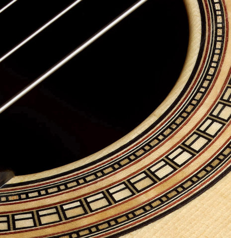 Closeup detail of the rosette of a 2026 Valerio Licari "Lesna - REG Special Edition" classical guitar made of spruce and Indian rosewood