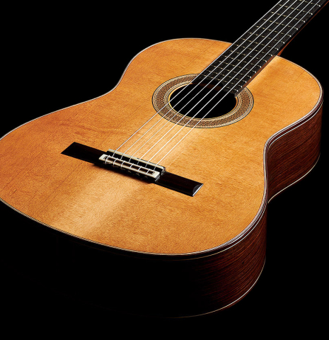 The soundboard of a 2024 Valerio Licari "Albayzín" classical guitar made of cedar and Indian rosewood