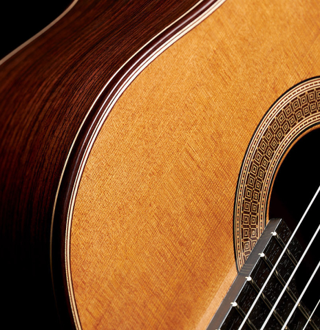 The top and side of a 2024 Valerio Licari "Albayzín" classical guitar made of cedar and Indian rosewood
