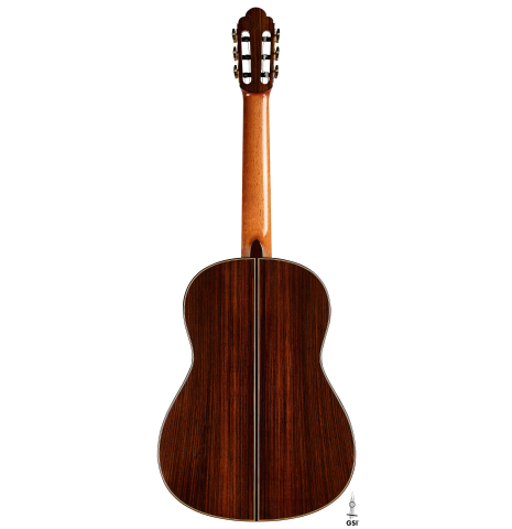The back of a 2021 Valerio Licari "Albayzín" classical guitar made of spruce and Indian rosewood