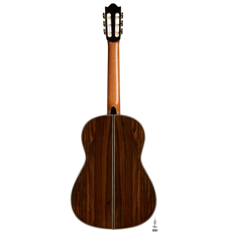 The back of a 2025 Valerio Licari "Lesna - Special Edition" classical guitar made of spruce and ziricote