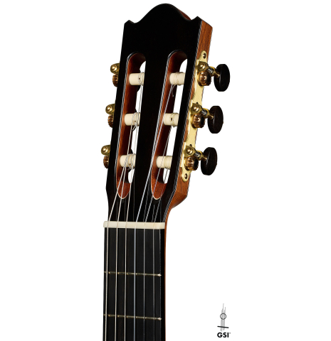 The headstock of a 2025 Valerio Licari "Lesna - Special Edition" classical guitar made of spruce and ziricote