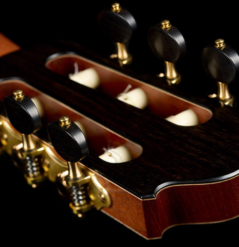 The back head veneer and tuning machines of a 2025 Valerio Licari "Lesna - Special Edition" classical guitar made of spruce and ziricote