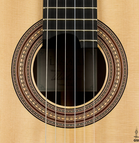 The rosette of a 2025 Valerio Licari "Lesna - Special Edition" classical guitar made of spruce and ziricote