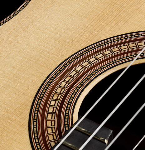 The soundboard and rosette detail of a 2025 Valerio Licari "Lesna - Special Edition" classical guitar made of spruce and ziricote