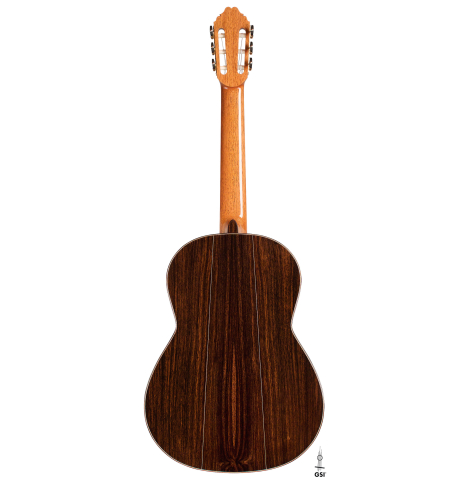 The back of a 2021 Bertrand Ligier classical guitar made of cedar and Indian rosewood