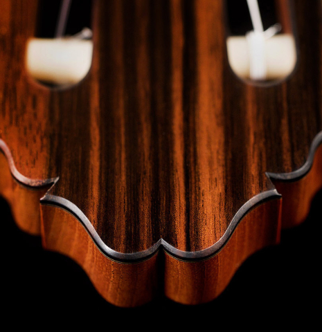The headstock and tuning machines of a 2021 Bertrand Ligier classical guitar made of cedar and Indian rosewood