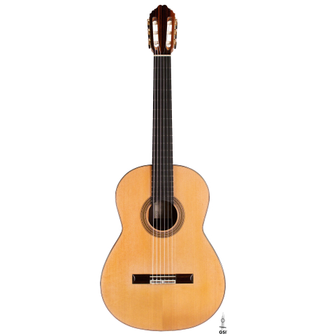 The front of a 2021 Bertrand Ligier classical guitar made of cedar and Indian rosewood