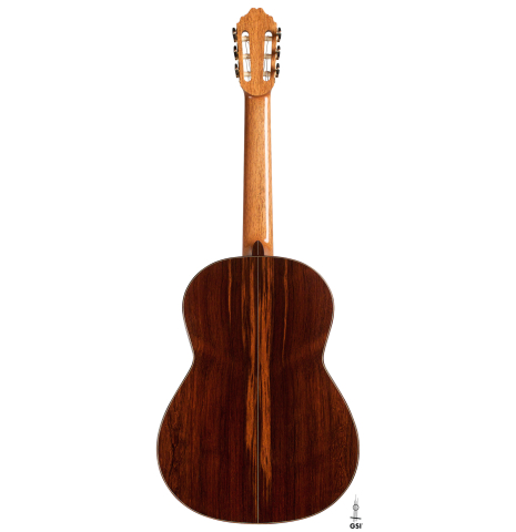 The back of a 2021 Bertrand Ligier classical guitar made of spruce and African rosewood