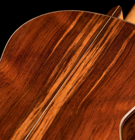 The back and heel of a 2021 Bertrand Ligier classical guitar made of spruce and African rosewood