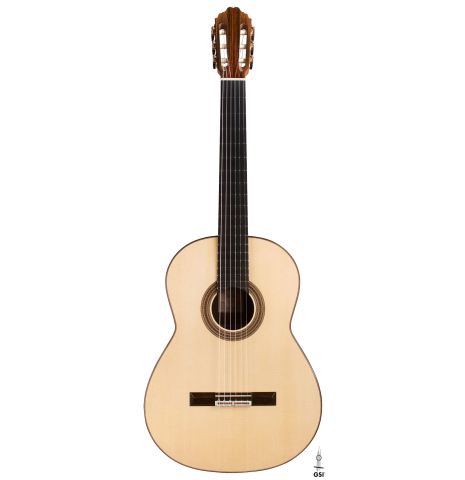 The front of a 2021 Bertrand Ligier classical guitar made of spruce and African rosewood