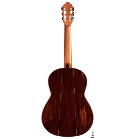 The back of a 2023 Bertrand Ligier classical guitar made of spruce and African rosewood
