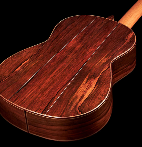The back and heel of a 2023 Bertrand Ligier classical guitar made of spruce and African rosewood