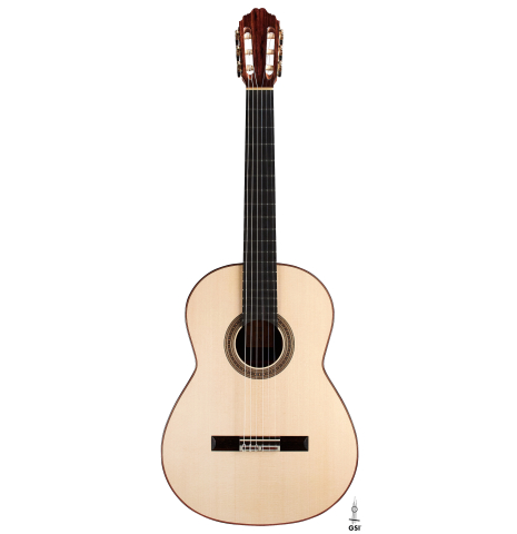 The front of a 2023 Bertrand Ligier classical guitar made of spruce and African rosewood