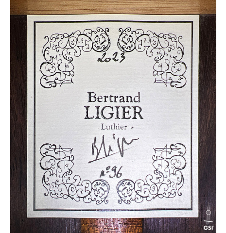 The label of a 2023 Bertrand Ligier classical guitar made of spruce and African rosewood