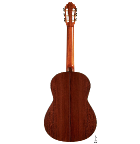 The back of a 2023 Bertrand Ligier classical guitar made of spruce and African rosewood