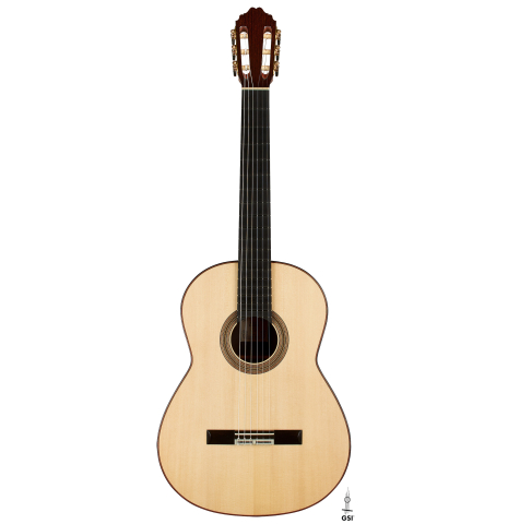 The front of a 2023 Bertrand Ligier classical guitar made of spruce and African rosewood