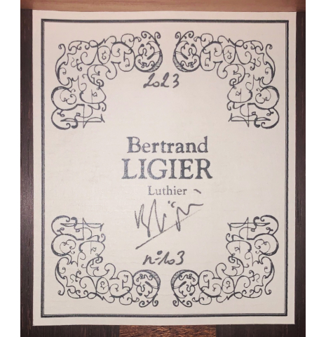 The label of a 2023 Bertrand Ligier classical guitar made of spruce and African rosewood