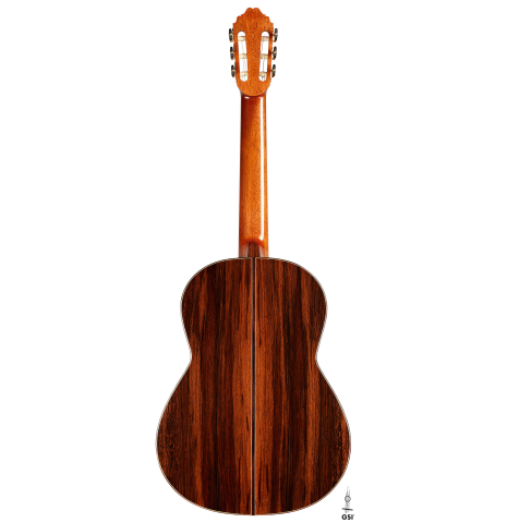 The back of a 2024 Bertrand Ligier classical guitar made of spruce and African rosewood