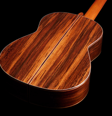 The back and sides of a 2024 Bertrand Ligier classical guitar made of spruce and African rosewood