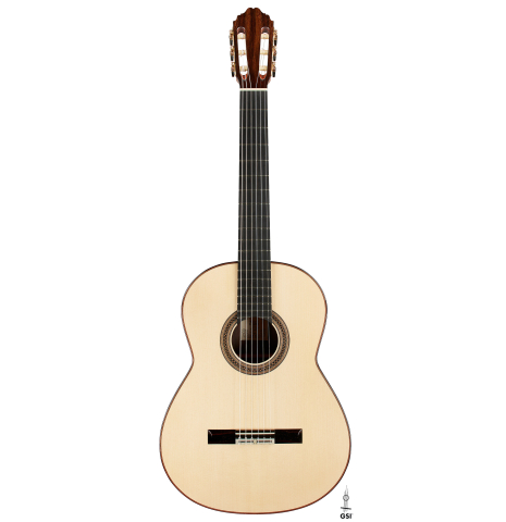 The front of a 2024 Bertrand Ligier classical guitar made of spruce and African rosewood