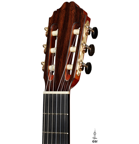 The headstock of a 2024 Bertrand Ligier classical guitar made of spruce and African rosewood