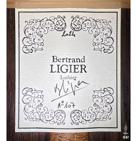 The label of a 2024 Bertrand Ligier classical guitar made of spruce and African rosewood
