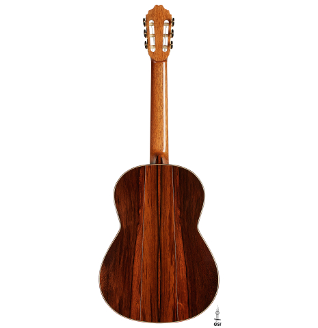The back of a 2025 Bertrand Ligier classical guitar made of spruce and African rosewood