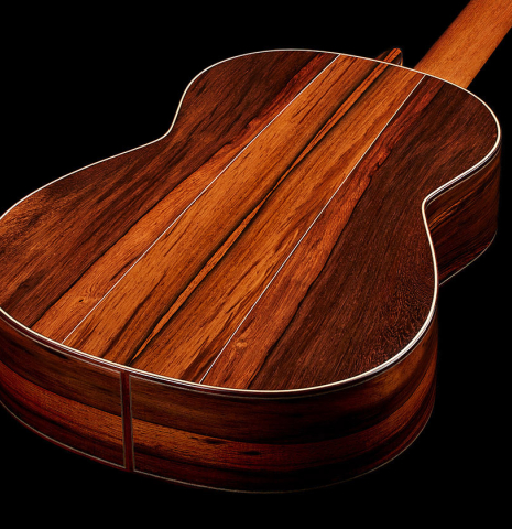 The back and sides of a 2025 Bertrand Ligier classical guitar made of spruce and African rosewood