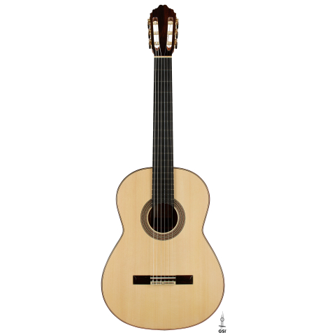The front of a 2025 Bertrand Ligier classical guitar made of spruce and African rosewood