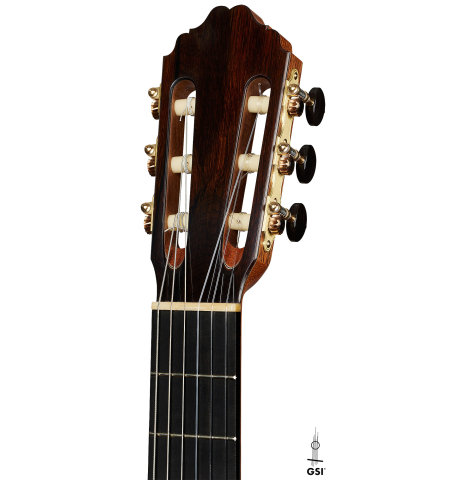 The headstock of a 2025 Bertrand Ligier classical guitar made of spruce and African rosewood