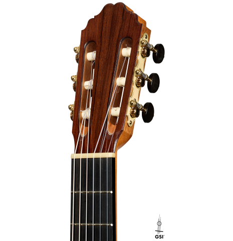 The headstock of a 2026 Bertrand Ligier classical guitar made of spruce and African rosewood