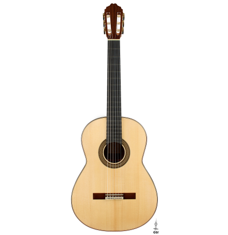 The front of a 2026 Bertrand Ligier classical guitar made of spruce and African rosewood