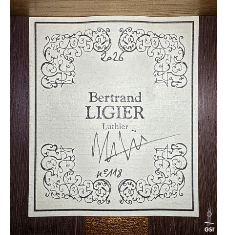 The label of a 2026 Bertrand Ligier classical guitar made of spruce and African rosewood