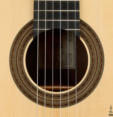 The rosette of a 2026 Bertrand Ligier classical guitar made of spruce and African rosewood