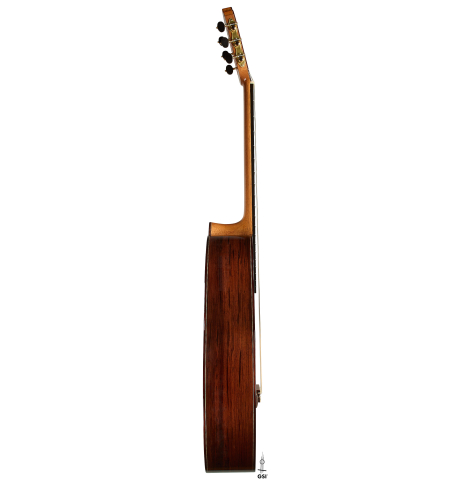 The side of a 2026 Bertrand Ligier classical guitar made of spruce and African rosewood