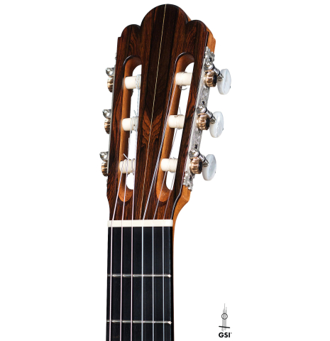 The headstock of a 2021 Luigi Locatto classical guitar made of spruce and CSA rosewood