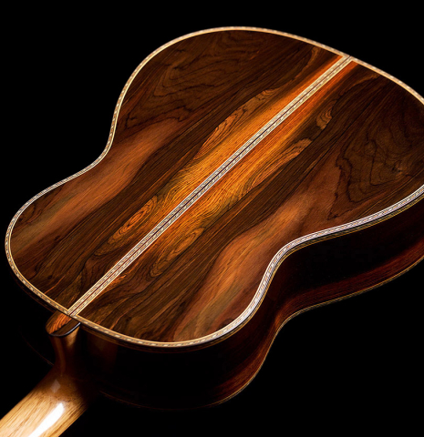 The back and sides of a 2021 Luigi Locatto classical guitar made of spruce and CSA rosewood